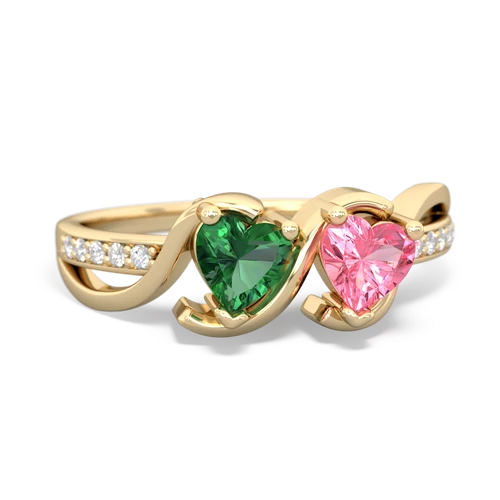 lab emerald-pink sapphire double heart ring