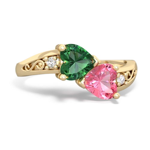 Lab Emerald Lab Created Emerald with Lab Created Pink Sapphire Snuggling Hearts ring Ring