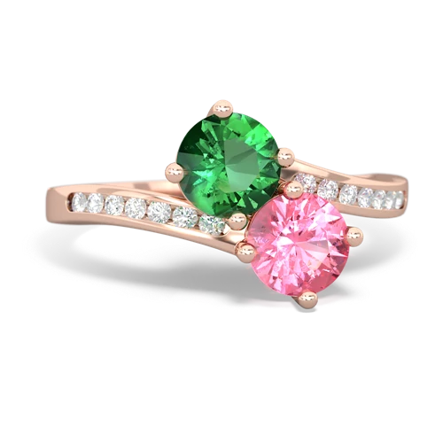 lab emerald-pink sapphire two stone channel ring