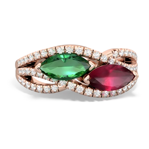 lab emerald-ruby double heart ring