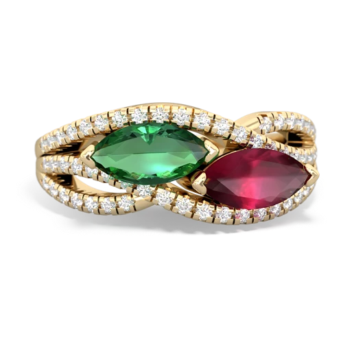 lab emerald-ruby double heart ring