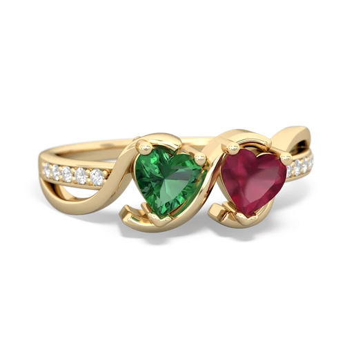 lab emerald-ruby double heart ring