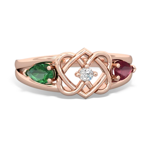 lab emerald-ruby double heart ring