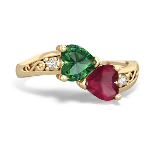 Lab Emerald Lab Created Emerald with Genuine Ruby Snuggling Hearts ring Ring