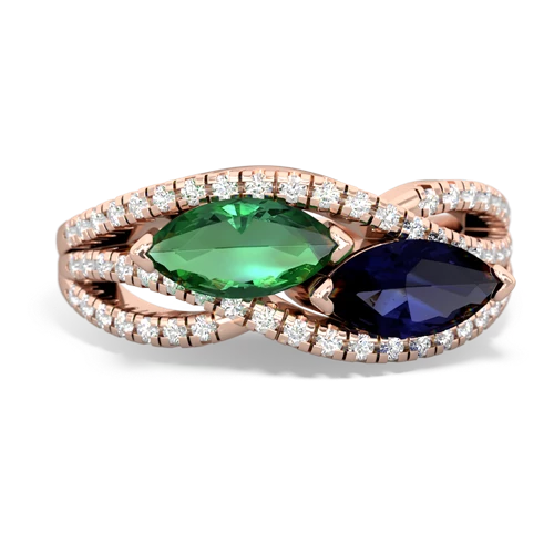 lab emerald-sapphire double heart ring