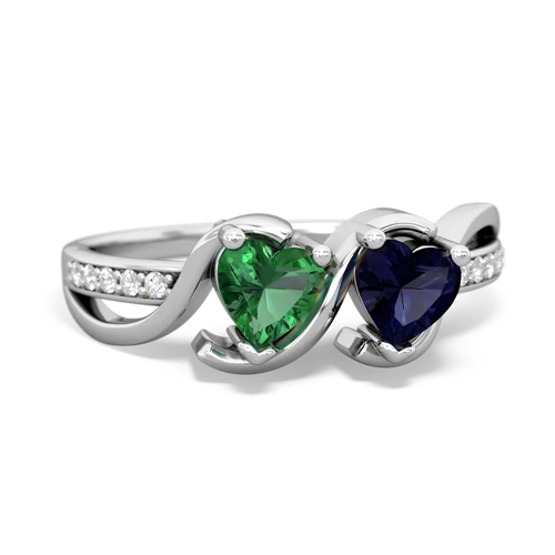 lab emerald-sapphire double heart ring