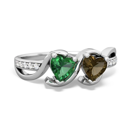 lab emerald-smoky quartz double heart ring