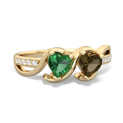 lab emerald-smoky quartz double heart ring