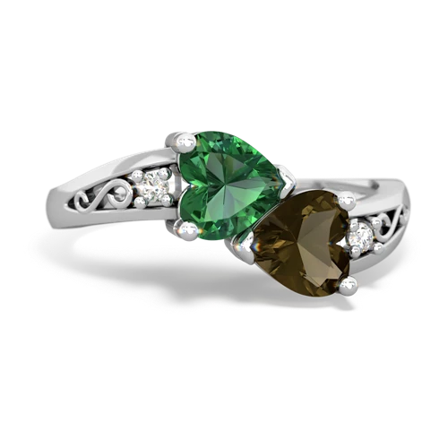 Lab Emerald Lab Created Emerald with Genuine Smoky Quartz Snuggling Hearts ring Ring