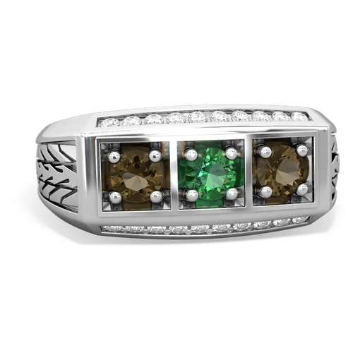 lab emerald-smoky quartz three stone ring