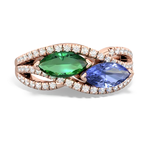 lab emerald-tanzanite double heart ring