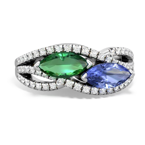 lab emerald-tanzanite double heart ring