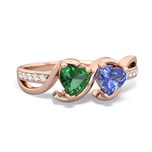 lab emerald-tanzanite double heart ring