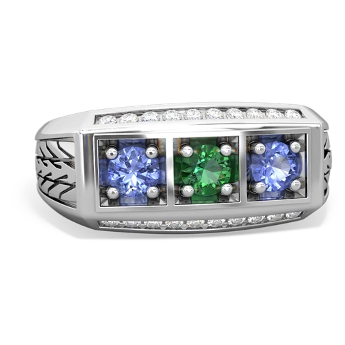 lab emerald-tanzanite three stone ring