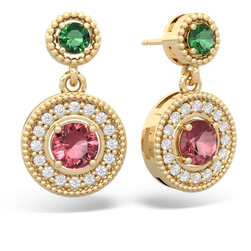 lab emerald-tourmaline halo earrings