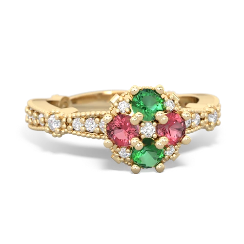 Lab Emerald Lab Created Emerald with Genuine Pink Tourmaline Milgrain Antique Style ring Ring