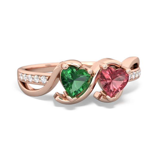 lab emerald-tourmaline double heart ring