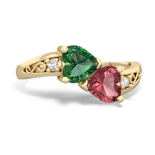Lab Emerald Lab Created Emerald with Genuine Pink Tourmaline Snuggling Hearts ring Ring