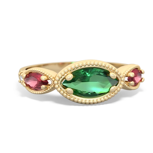 Lab Emerald Lab Created Emerald with Genuine Pink Tourmaline and Lab Created Emerald Antique Style Keepsake ring Ring