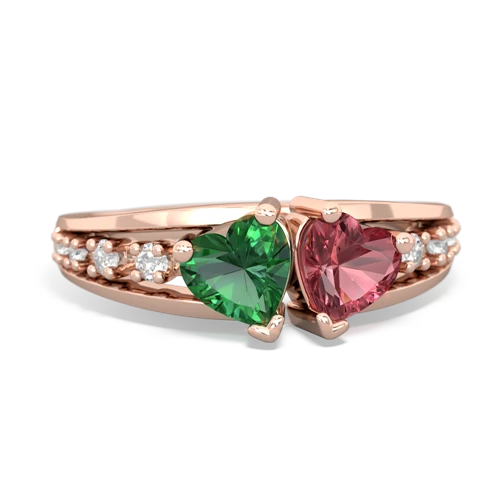 Lab Emerald Lab Created Emerald with Genuine Pink Tourmaline Heart to Heart ring Ring