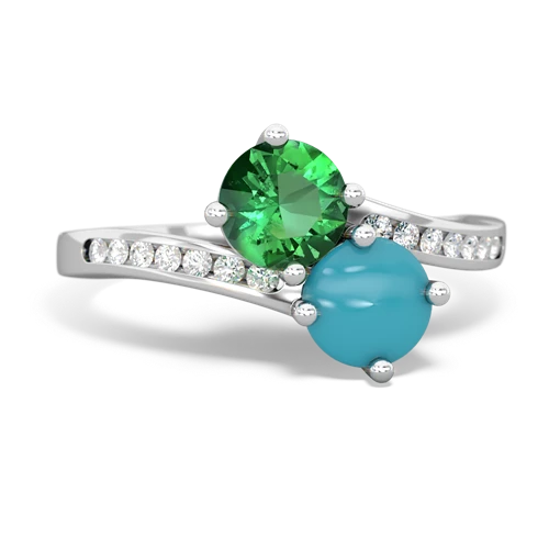 lab emerald-turquoise two stone channel ring