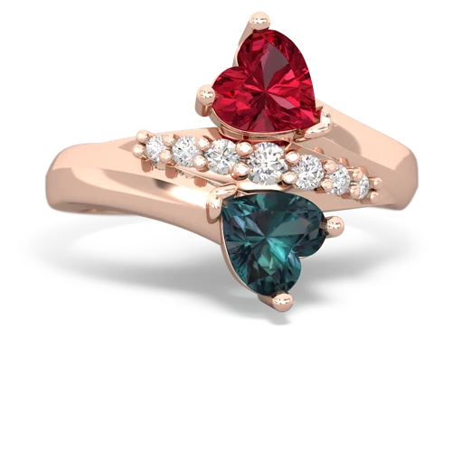 Lab Ruby Lab Created Ruby with Lab Created Alexandrite Heart to Heart Bypass ring Ring