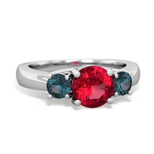 Lab Ruby Lab Created Ruby with Lab Created Alexandrite and Lab Created Ruby Three Stone Trellis ring Ring