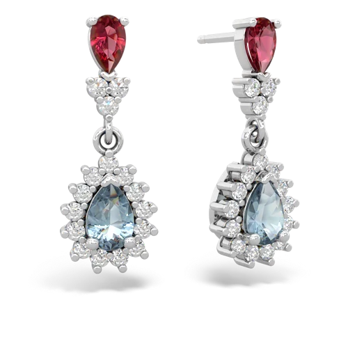 Lab Created Ruby with Genuine Aquamarine Halo Pear Dangle earrings
