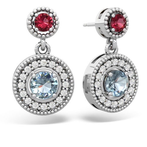 Lab Created Ruby with Genuine Aquamarine Halo Dangle earrings
