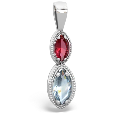 Lab Created Ruby with Genuine Aquamarine Antique-style Halo pendant