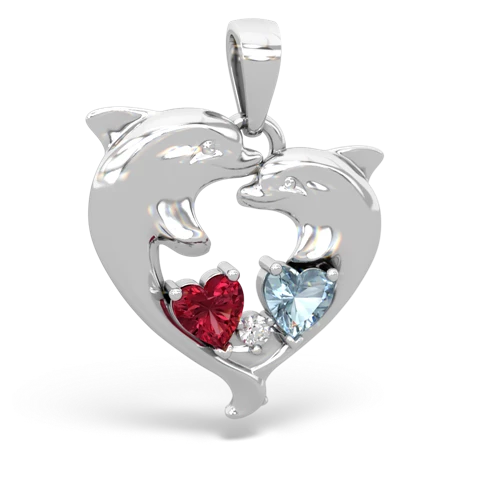 Lab Created Ruby with Genuine Aquamarine Dolphin Heart pendant