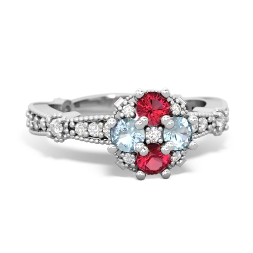 Lab Created Ruby with Genuine Aquamarine Milgrain Antique Style ring