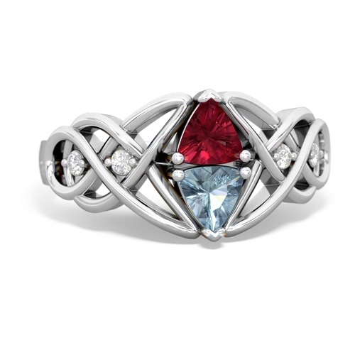 Lab Created Ruby with Genuine Aquamarine Keepsake Celtic Knot ring