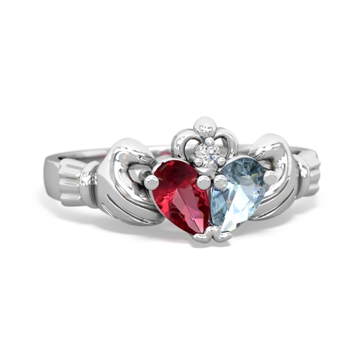 Lab Created Ruby with Genuine Aquamarine Claddagh ring