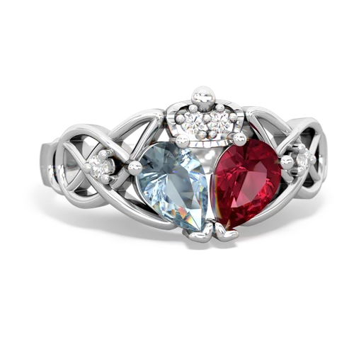 Lab Created Ruby with Genuine Aquamarine Two Stone Claddagh ring
