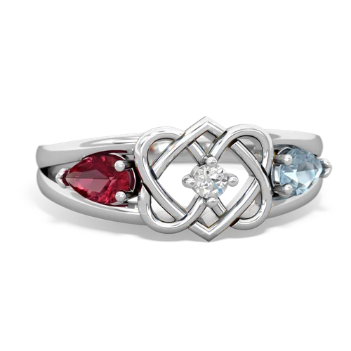 Lab Created Ruby with Genuine Aquamarine Hearts Intertwined ring