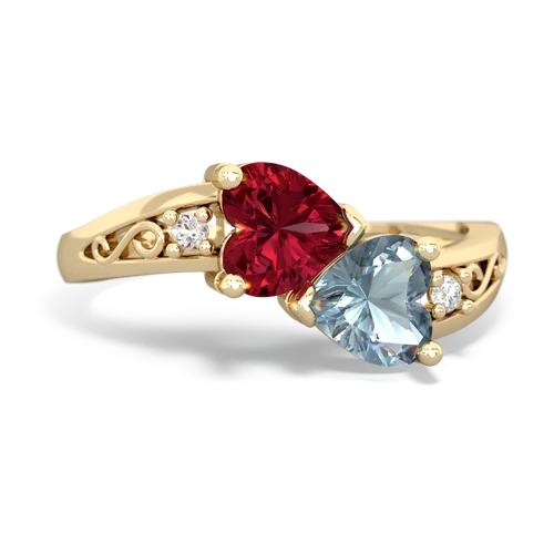 Lab Ruby Lab Created Ruby with Genuine Aquamarine Snuggling Hearts ring Ring