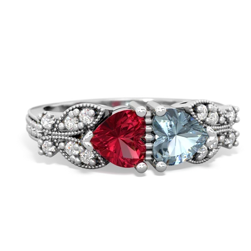 Lab Created Ruby with Genuine Aquamarine Diamond Butterflies ring