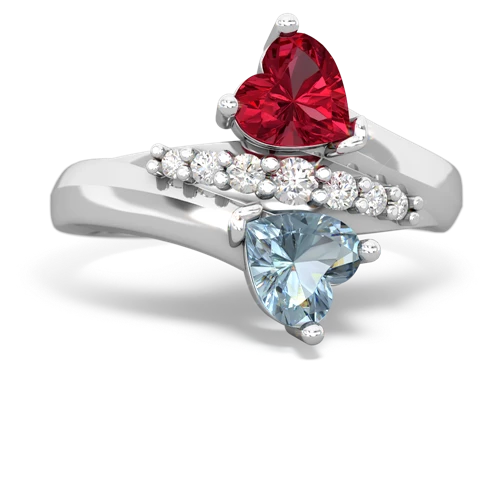 Lab Created Ruby with Genuine Aquamarine Heart to Heart Bypass ring