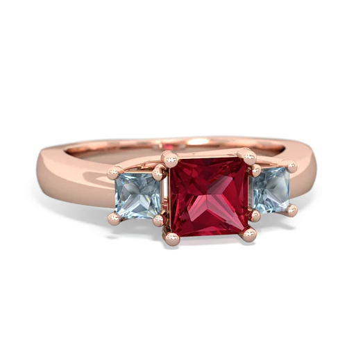 Lab Ruby Lab Created Ruby with Genuine Aquamarine and Genuine Aquamarine Three Stone Trellis ring Ring