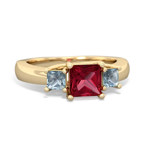 Lab Ruby Lab Created Ruby with Genuine Aquamarine and  Three Stone Trellis ring Ring