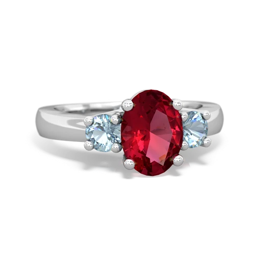 Lab Created Ruby with Genuine Aquamarine Three Stone Trellis ring