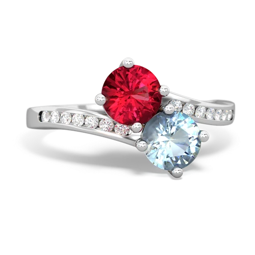 Lab Created Ruby with Genuine Aquamarine Keepsake Two Stone ring