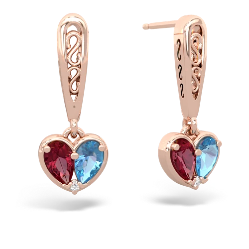 lab ruby-blue topaz filligree earrings