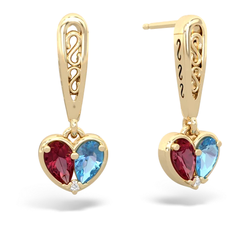 lab ruby-blue topaz filligree earrings