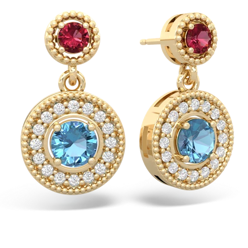 lab ruby-blue topaz halo earrings