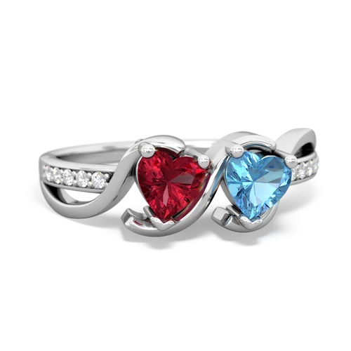 lab ruby-blue topaz double heart ring