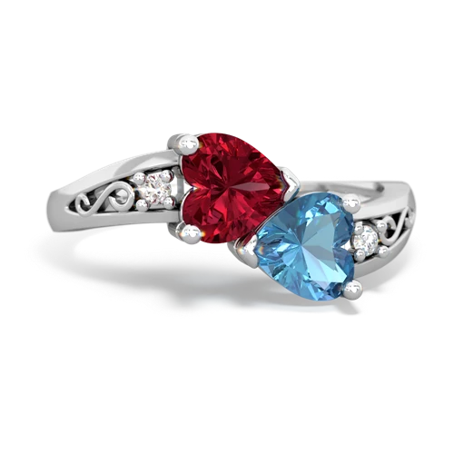 Lab Ruby Lab Created Ruby with Genuine Swiss Blue Topaz Snuggling Hearts ring Ring