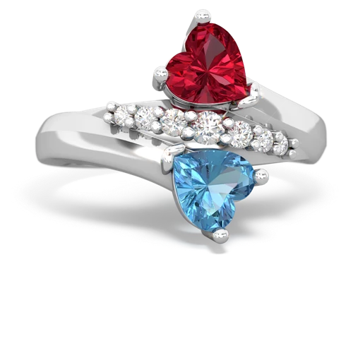 Lab Ruby Lab Created Ruby with Genuine Swiss Blue Topaz Heart to Heart Bypass ring Ring