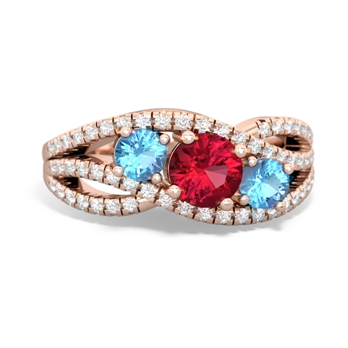 lab ruby-blue topaz three stone pave ring